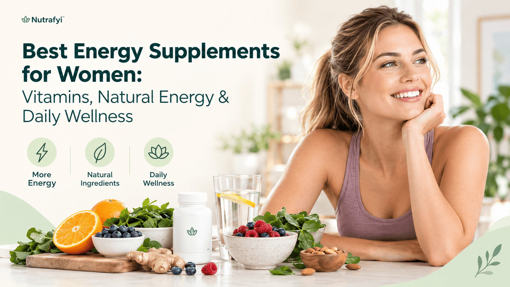 best energy supplements for women, vitamins and herbs on a kitchen counter