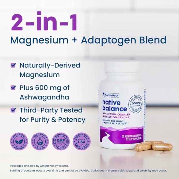 NativePath Native Balance Magnesium Supplement with Ashwagandha - High Absorption Aquamin Ocean-Sourced Formula