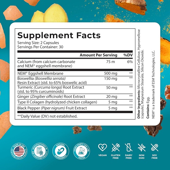 Purehealth Research - Joint Support NEM Eggshell Membrane with Boswellia Extract, Calcium & Turmeric 2 Purehealth Research - Joint Support NEM Eggshell Membrane with Boswellia Extract, Calcium & Turmeric - Image 2
